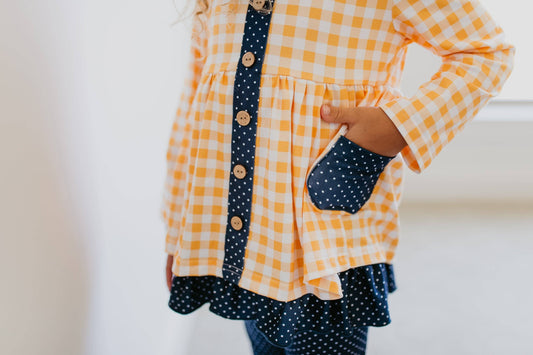 Kids Navy & Mustard Gingham Check Button Pocket Pant Set