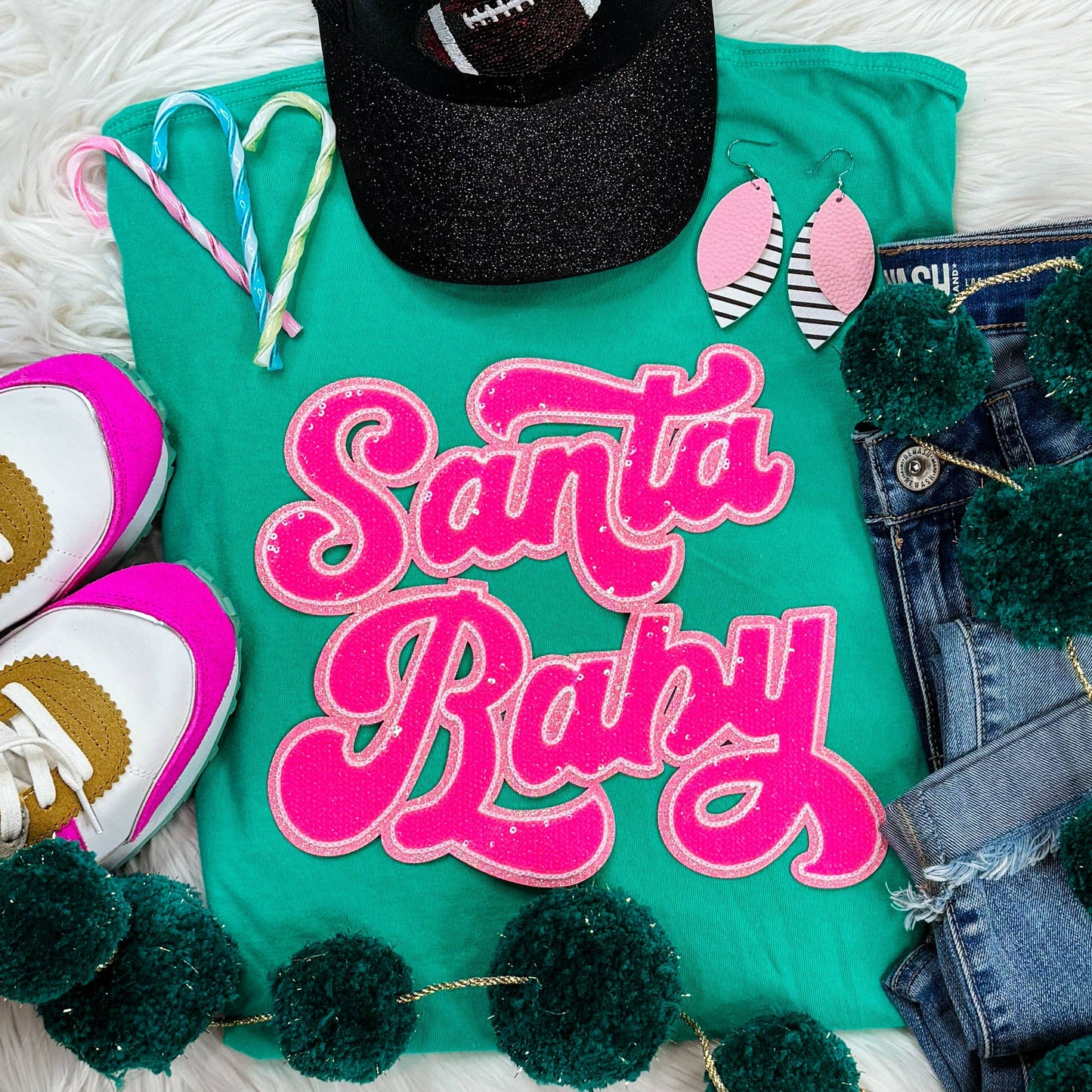 Santa Baby Sequin Patch Island Green Tee