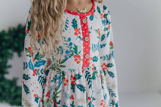 Kids Red & Green Holly Ruffle Button Pocket Tie Back Dress