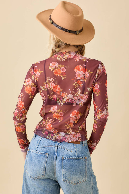 Floral Printed Long Sleeve Mesh Top