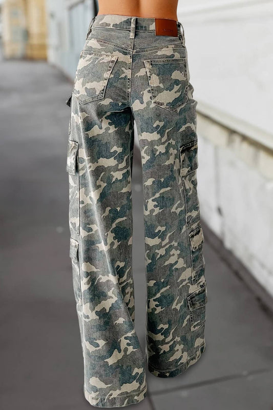 Camouflage Wide Leg Pockets Denim Pants