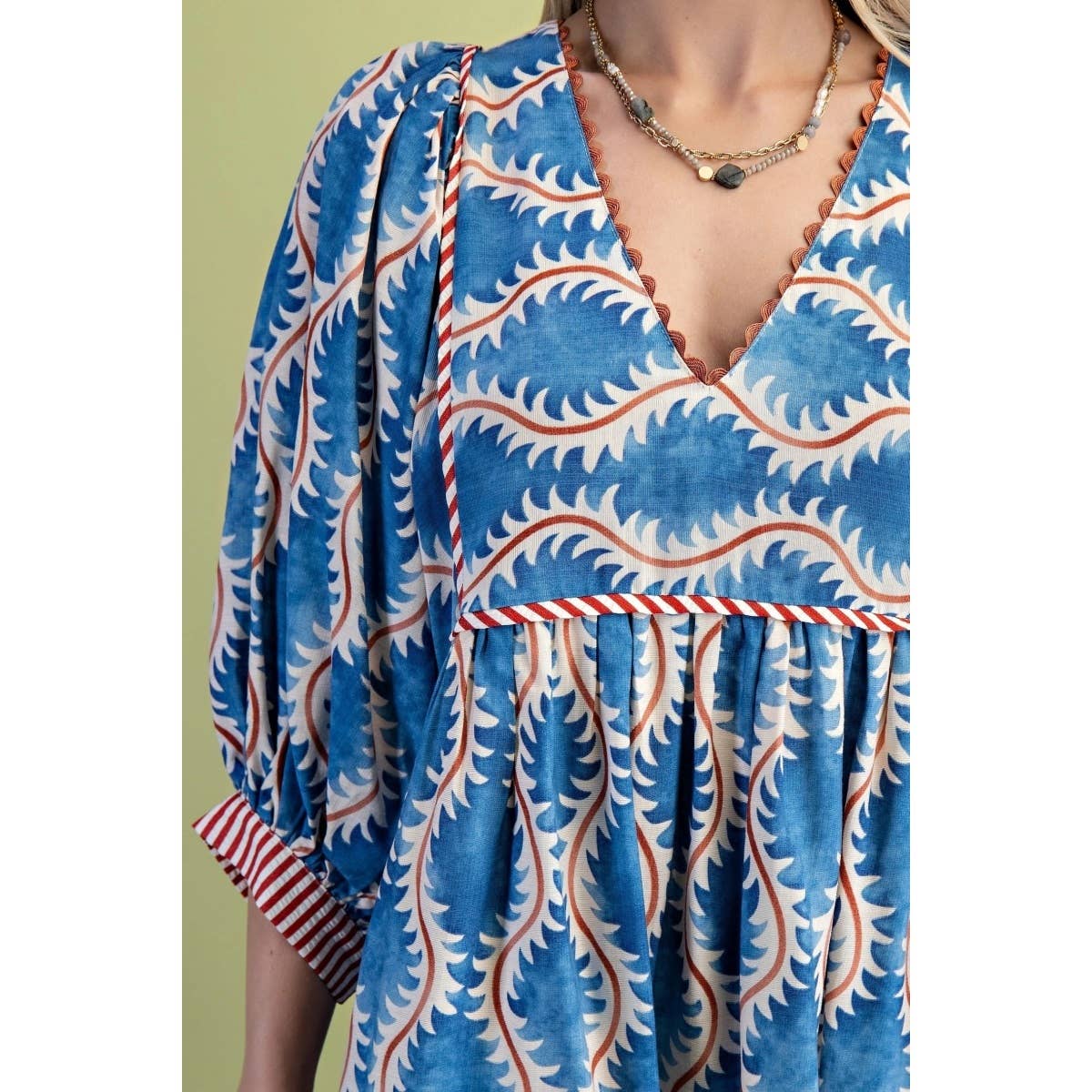 Printed V-Neck Mini Dress – Brown & Blue