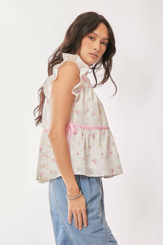 FLORAL RIBBON RUFFLE SLEEVE RUFFLE NECKLINE TOP