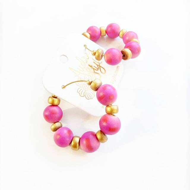 Beaded Hoop Earring - Pink Red Dot