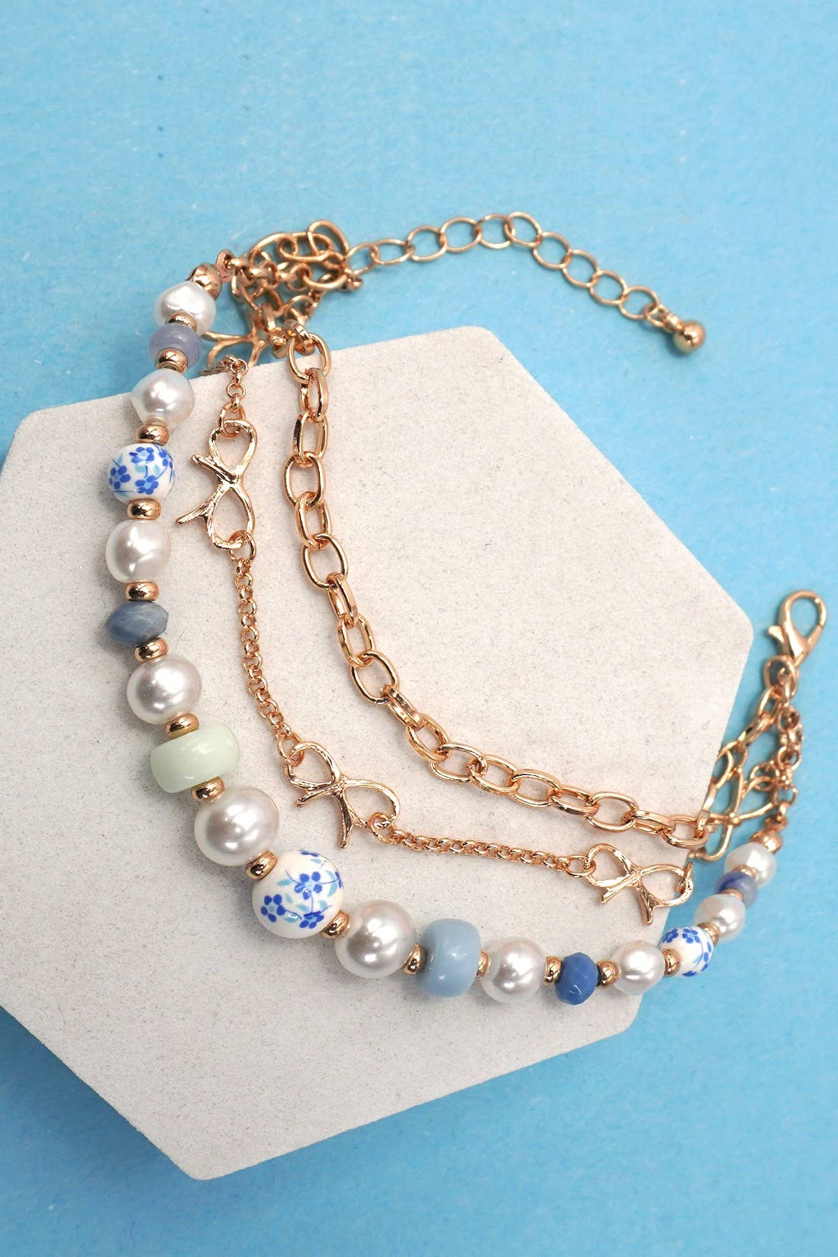 CERAMIC PORCELAIN PEARL BOW CHAIN BRACELET