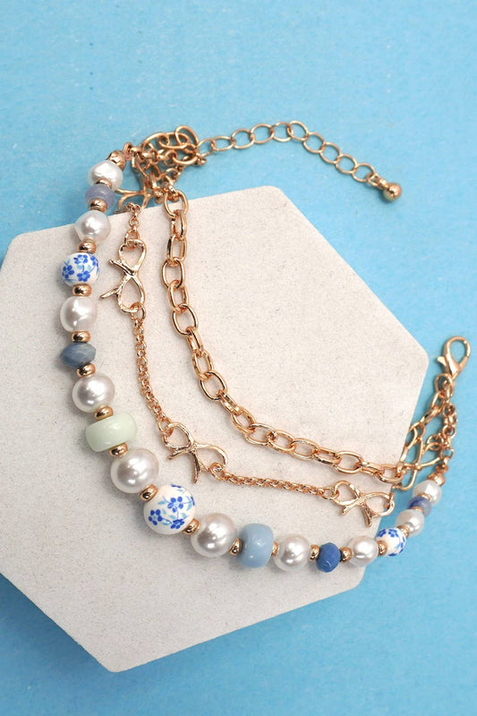 CERAMIC PORCELAIN PEARL BOW CHAIN BRACELET
