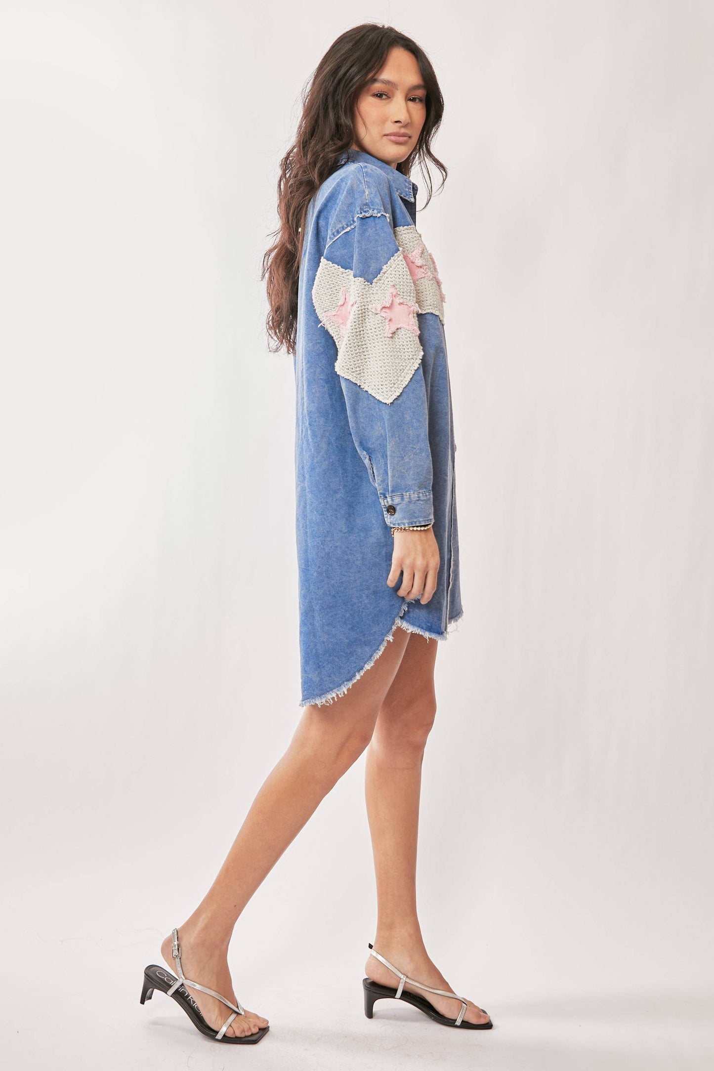 ACID WASHED DENIM STAR PATCH DETAIL SHIRT DRESS
