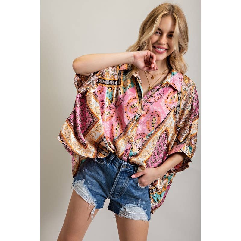 Flowy Button-Down in Blush Bloom