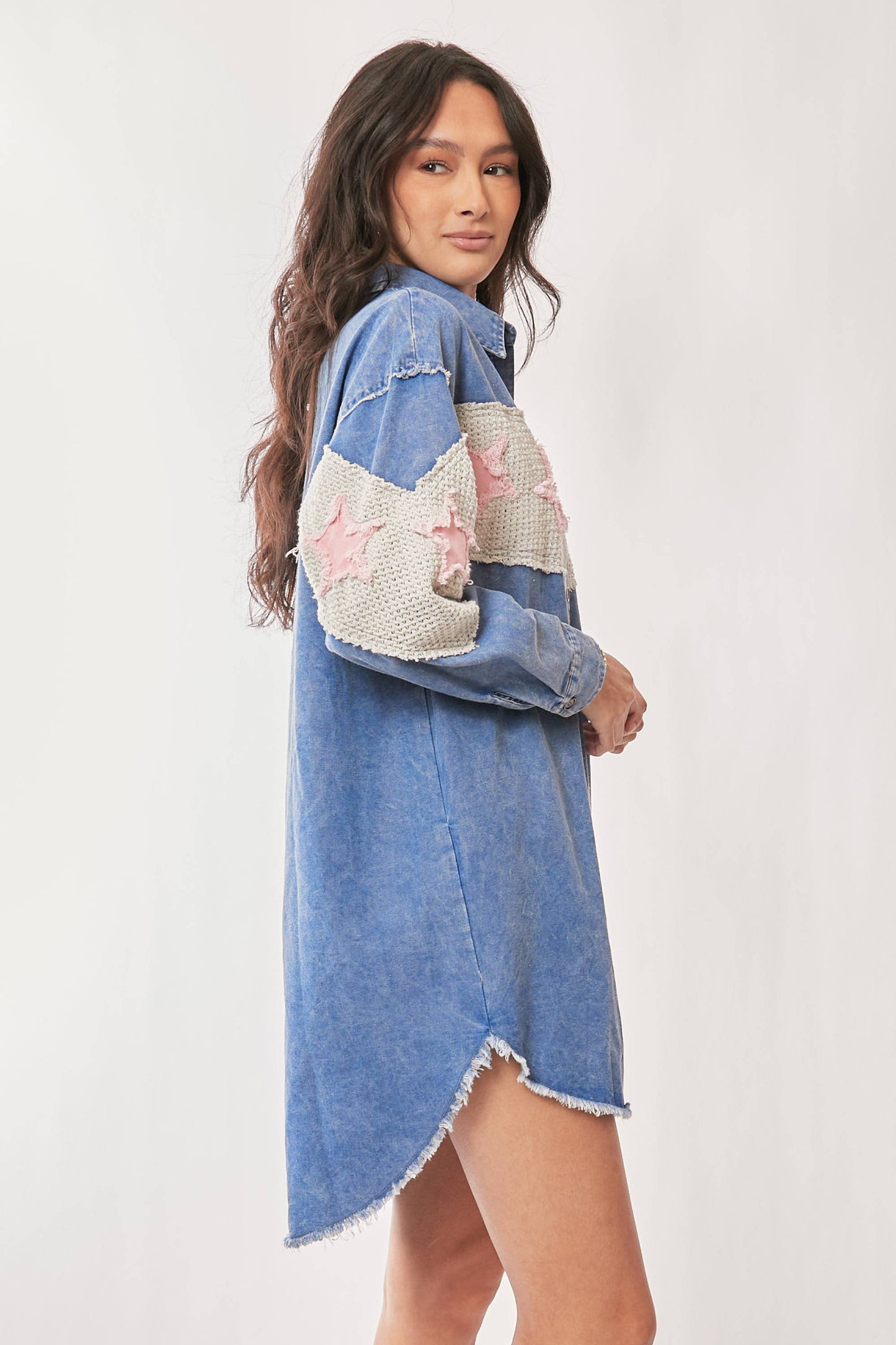 ACID WASHED DENIM STAR PATCH DETAIL SHIRT DRESS