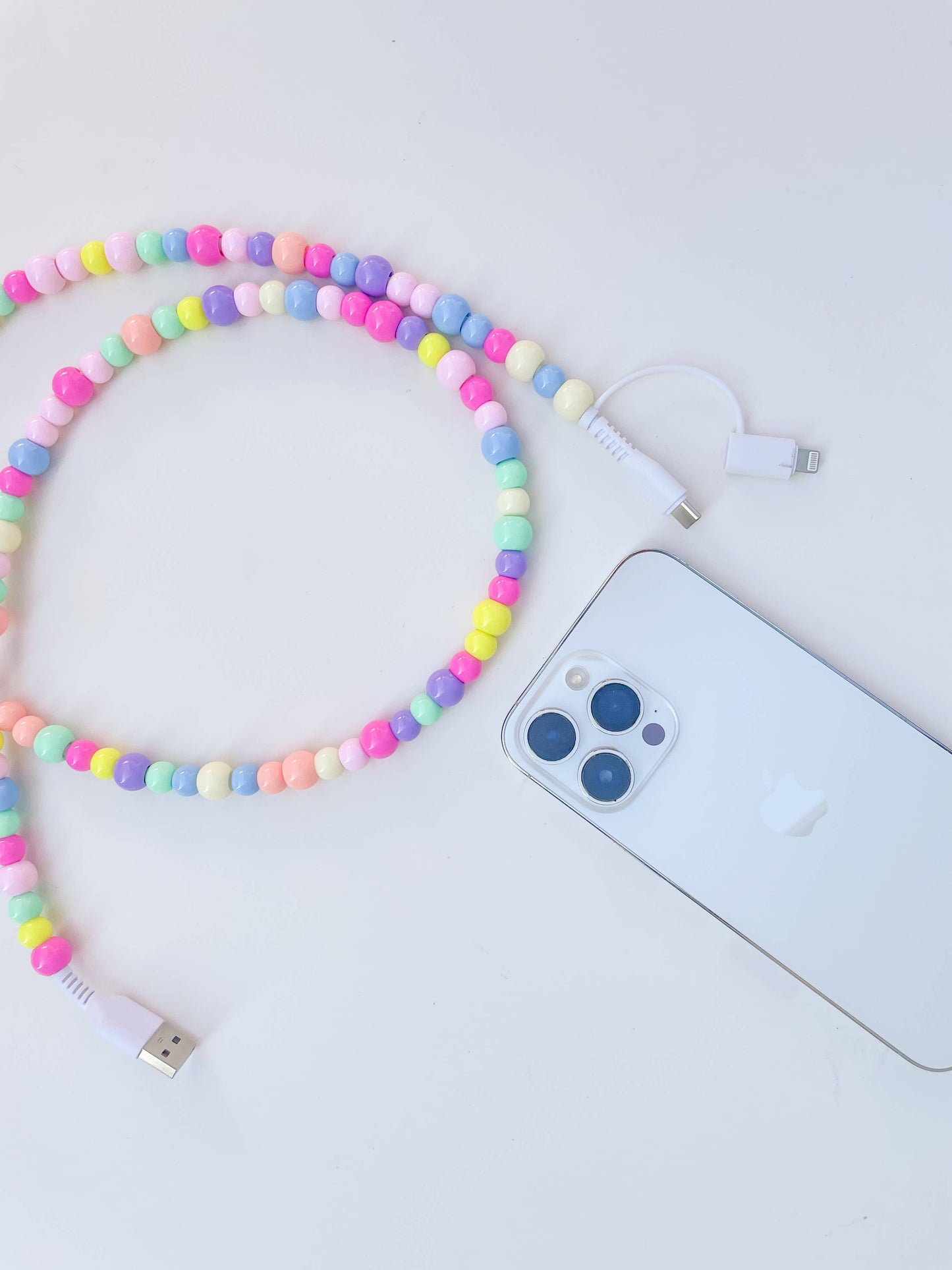 6ft Beaded Phone Charger USB-A & Dual USB-C Lightning Cable