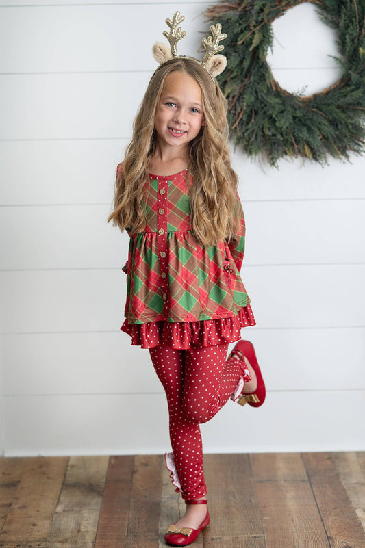 Kids Holiday Plaid & Polka Dot Pocket Ruffle Button Pant Set