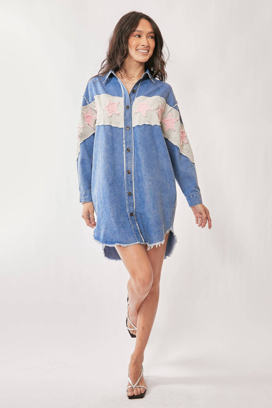 ACID WASHED DENIM STAR PATCH DETAIL SHIRT DRESS