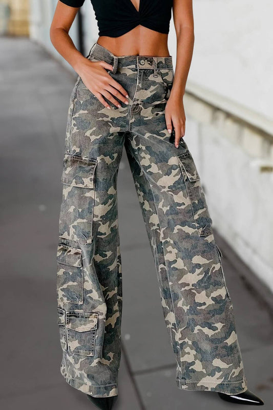 Camouflage Wide Leg Pockets Denim Pants