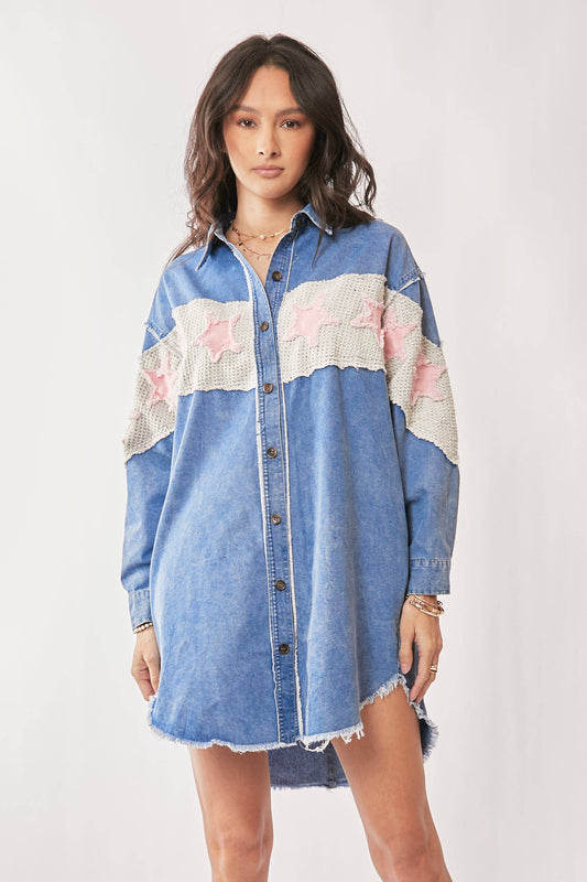 ACID WASHED DENIM STAR PATCH DETAIL SHIRT DRESS