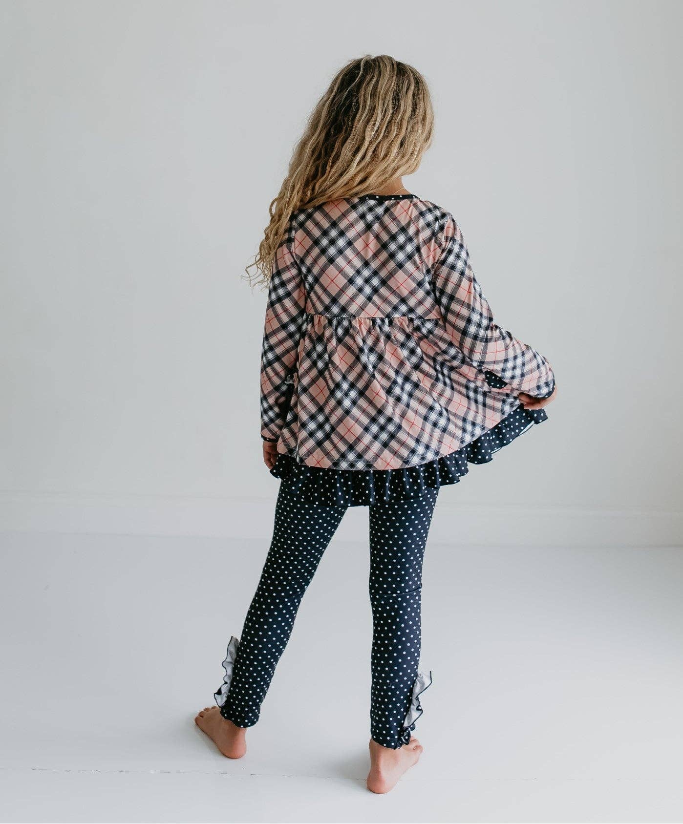 Girls Tan Plaid & Polka Dot Ruffle Pocket Button Legging Set
