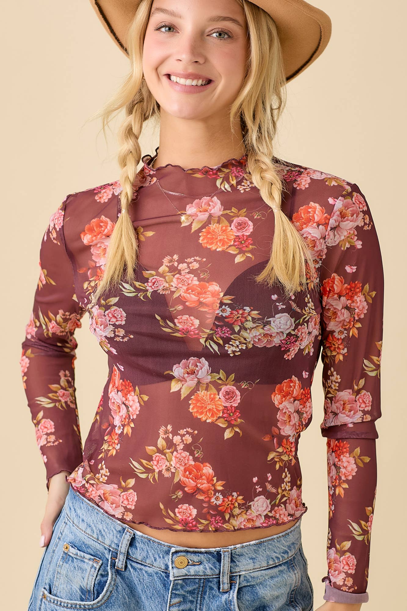 Floral Printed Long Sleeve Mesh Top