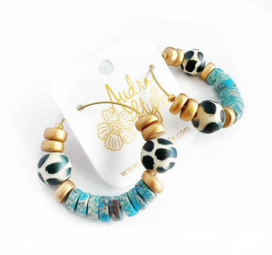 Western Beaded Hoop Earring - Turquoise Black Dot