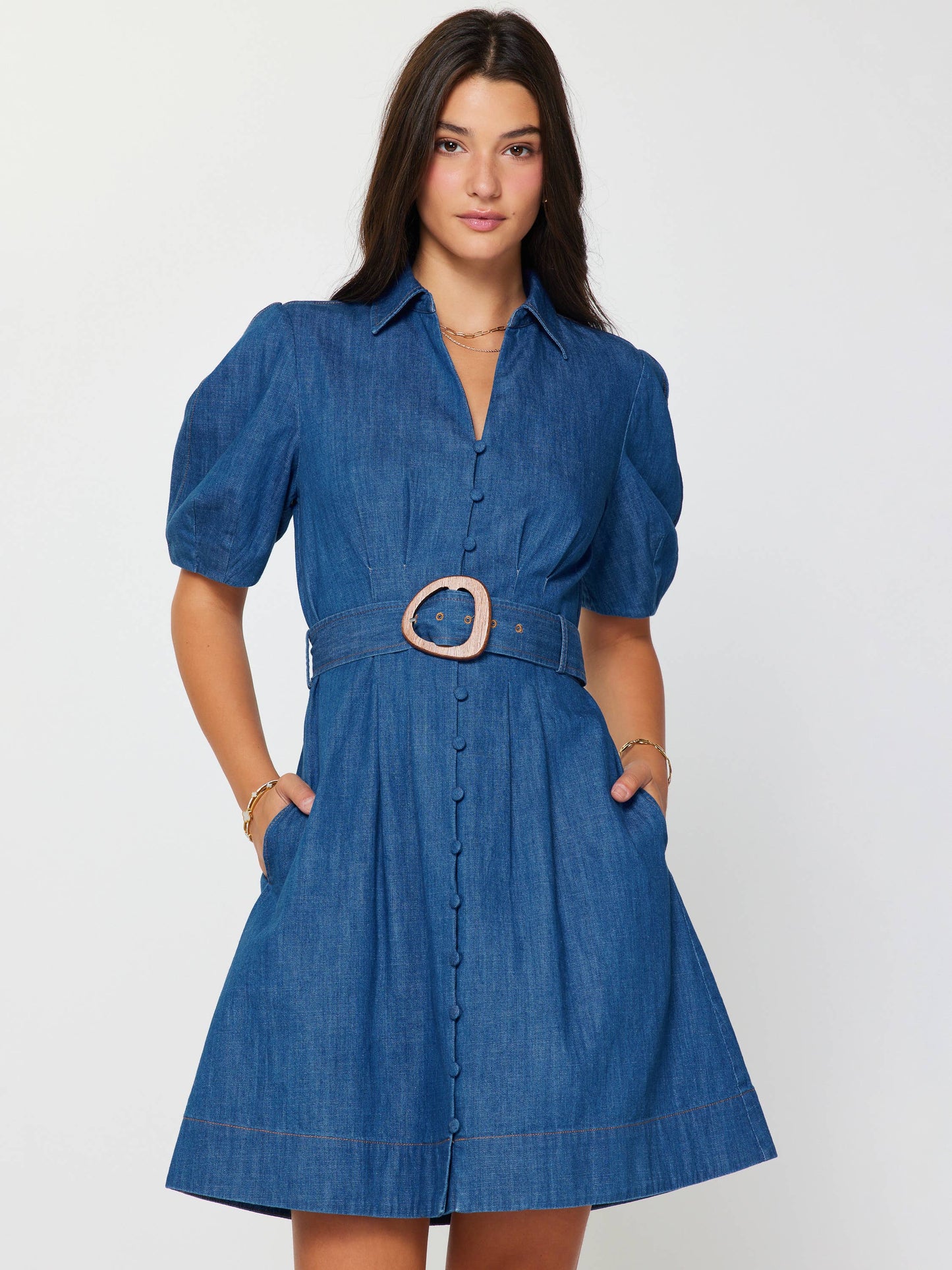 Denim Button Down Belted Mini Dress