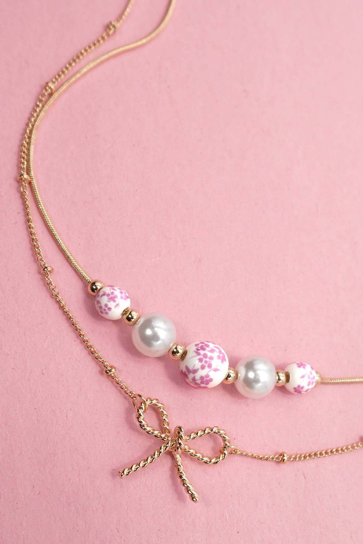 PINK CERAMIC PORCELAIN PEARL BOW LAYER NECKLACE