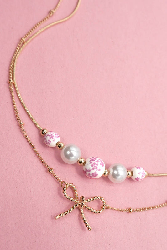 PINK CERAMIC PORCELAIN PEARL BOW LAYER NECKLACE