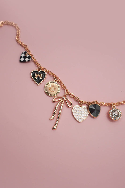 CHARM NECKLACE-BOW CHECKER HEART RHINESTONE