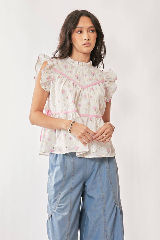 FLORAL RIBBON RUFFLE SLEEVE RUFFLE NECKLINE TOP