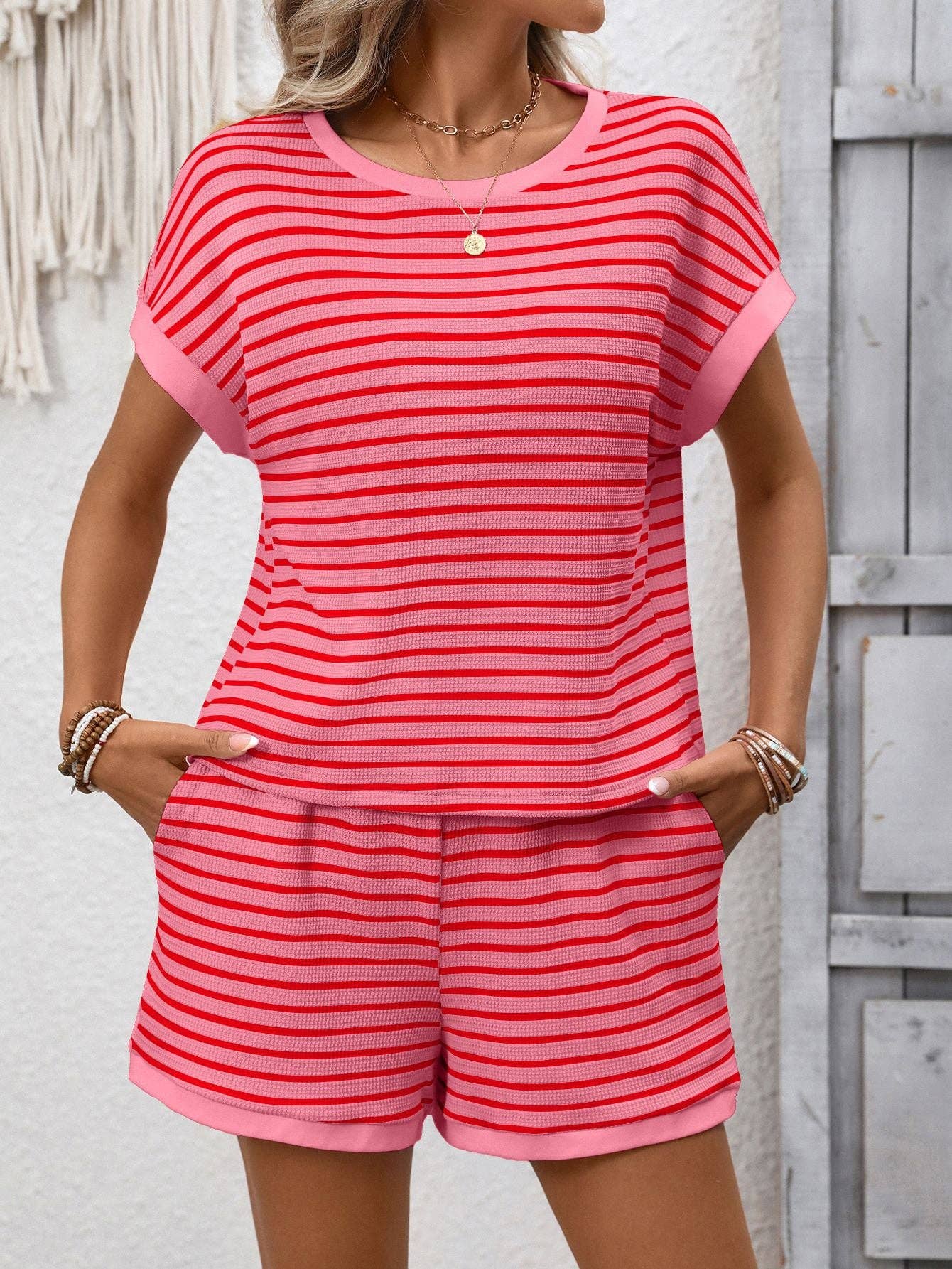 Striped Short Sleeve Top and Shorts Lounge Set