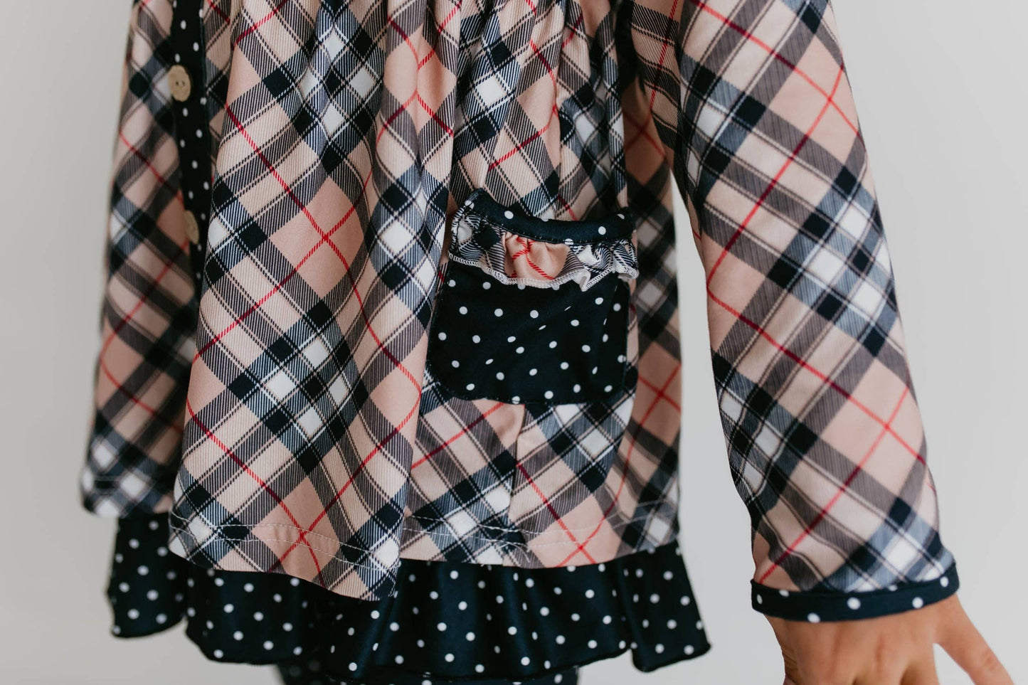 Girls Tan Plaid & Polka Dot Ruffle Pocket Button Legging Set