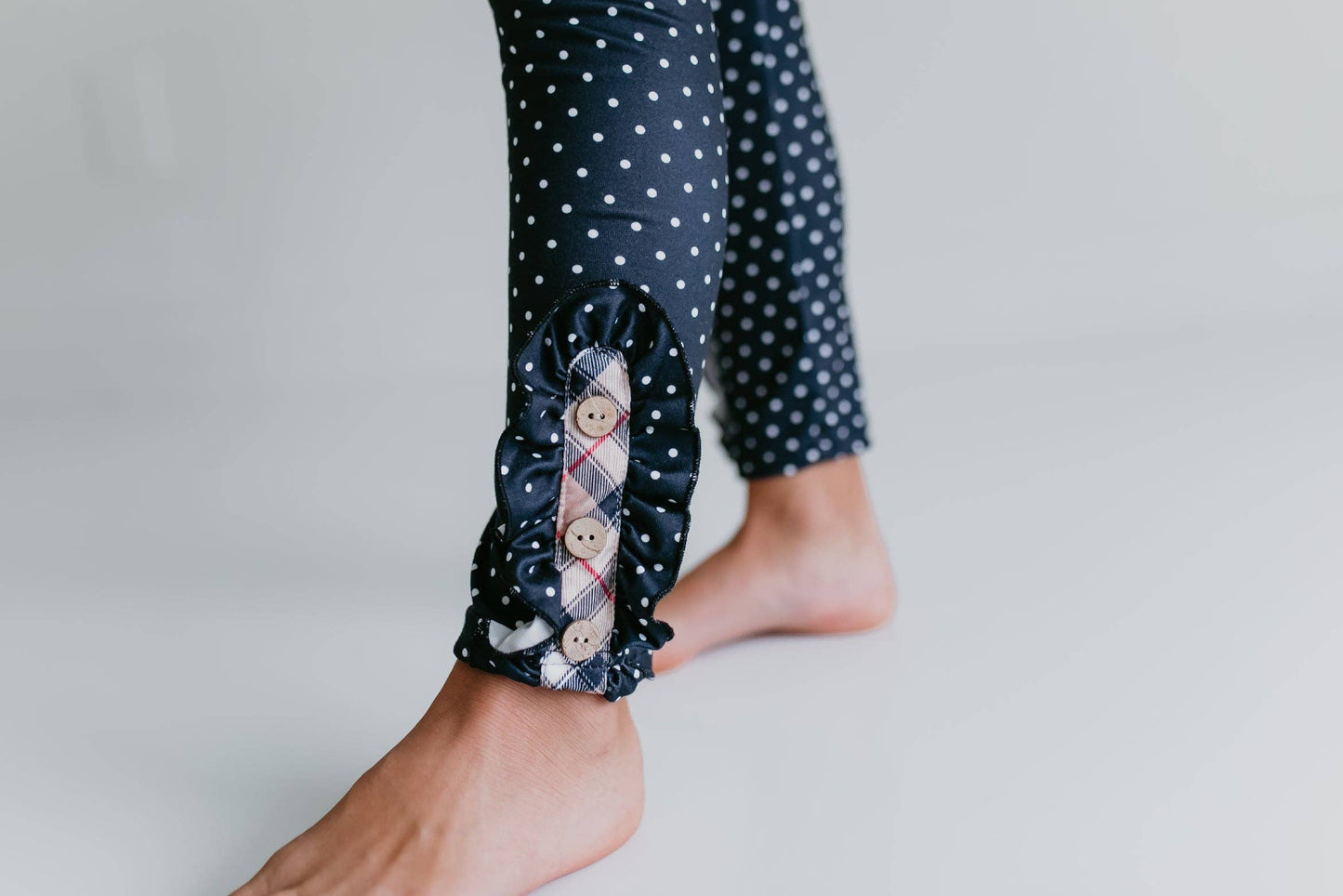 Girls Tan Plaid & Polka Dot Ruffle Pocket Button Legging Set