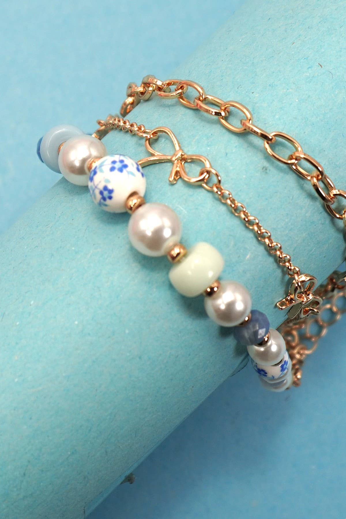CERAMIC PORCELAIN PEARL BOW CHAIN BRACELET
