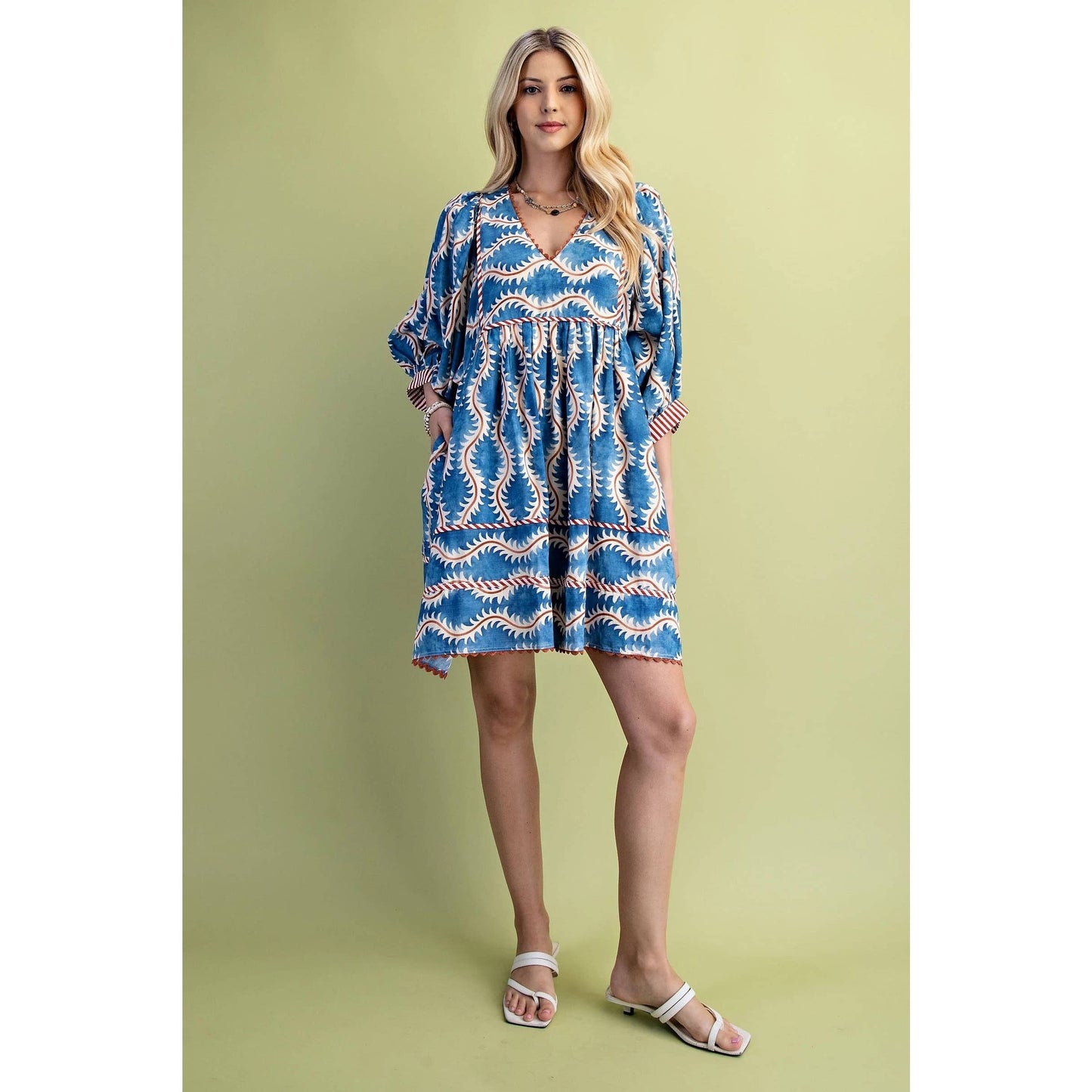 Printed V-Neck Mini Dress – Brown & Blue