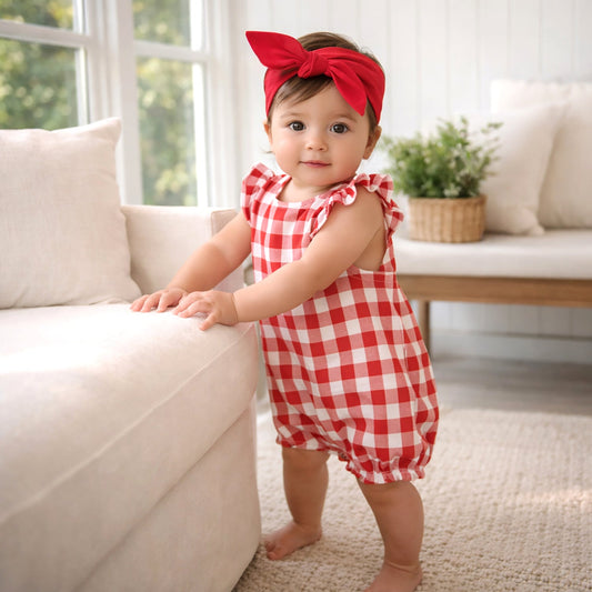 Picnic Plaid Soft Bamboo Bubble Romper for Baby Girls