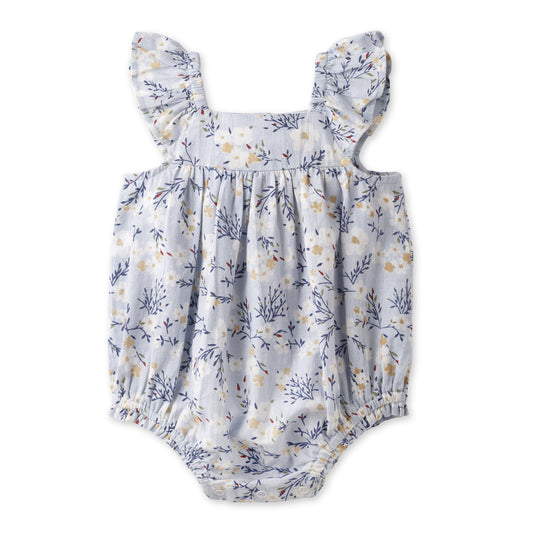 Baby Girl Blue Floral Bubble Romper – Cotton Linen Sunsuit