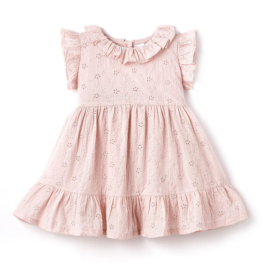 Eyelet Girl's Cotton Dress for Special Occasions - Pink