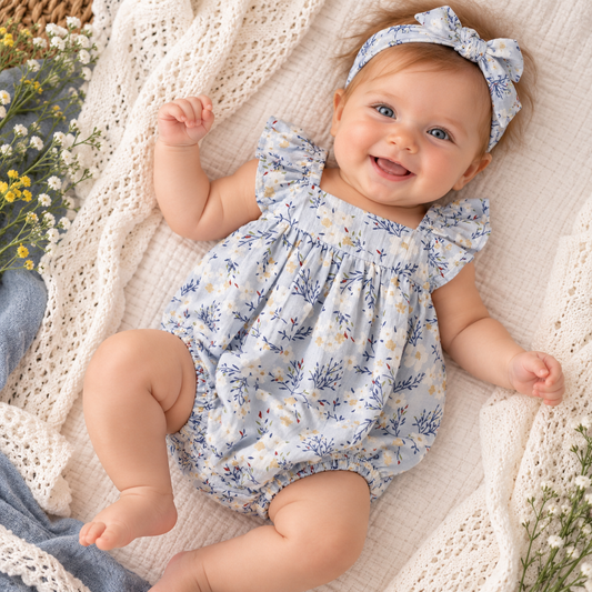 Baby Girl Blue Floral Bubble Romper – Cotton Linen  3-6M