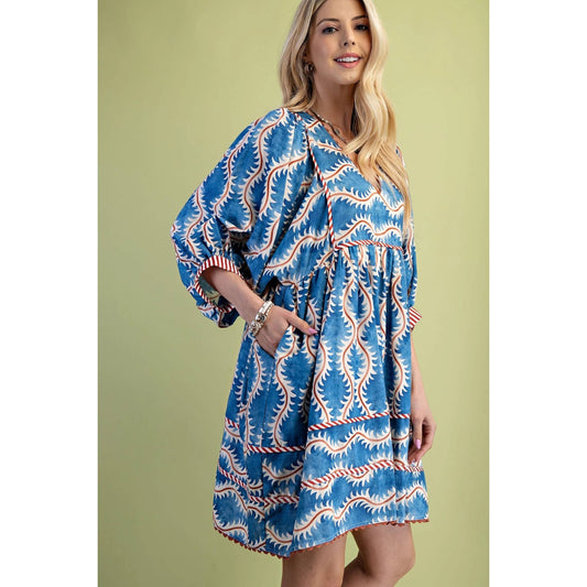 Printed V-Neck Mini Dress – Brown & Blue