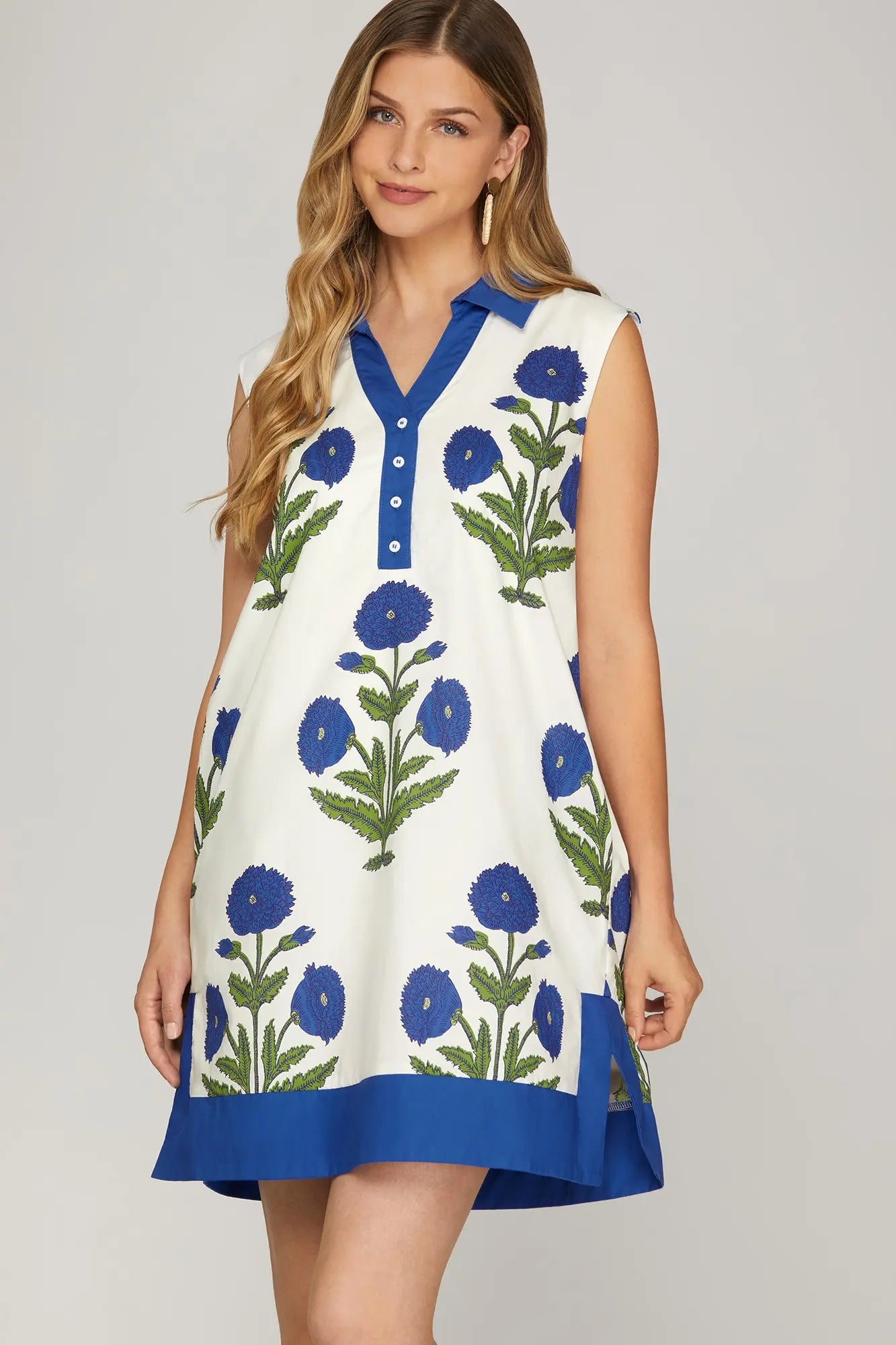 White & Cobalt Blue Mini Dress with Side Slits