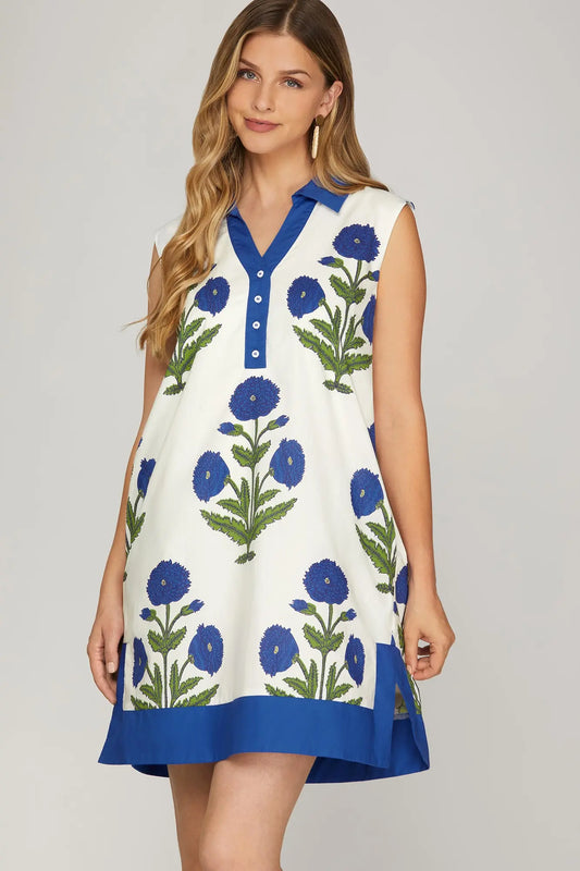 White & Cobalt Blue Mini Dress with Side Slits