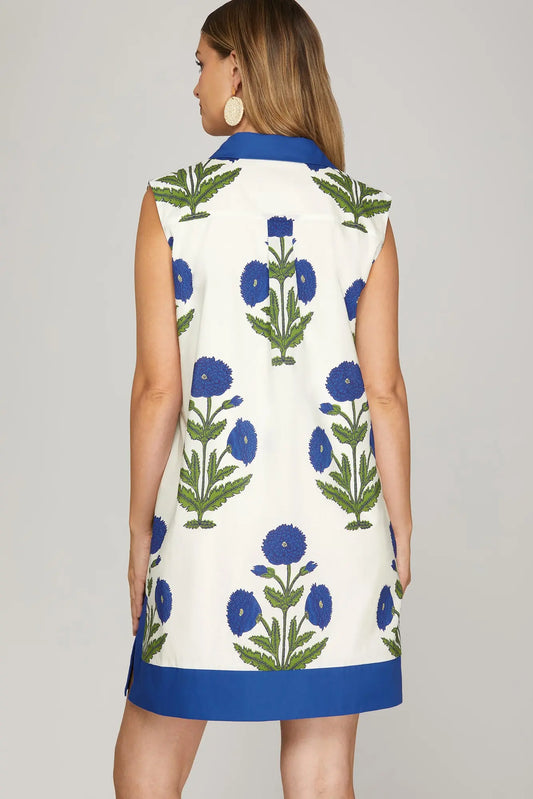 White & Cobalt Blue Mini Dress with Side Slits