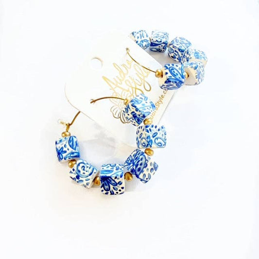 Beaded Hoop Earring - Blue White Cube