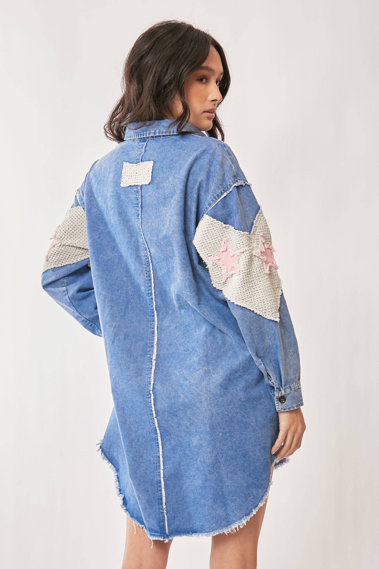 ACID WASHED DENIM STAR PATCH DETAIL SHIRT DRESS