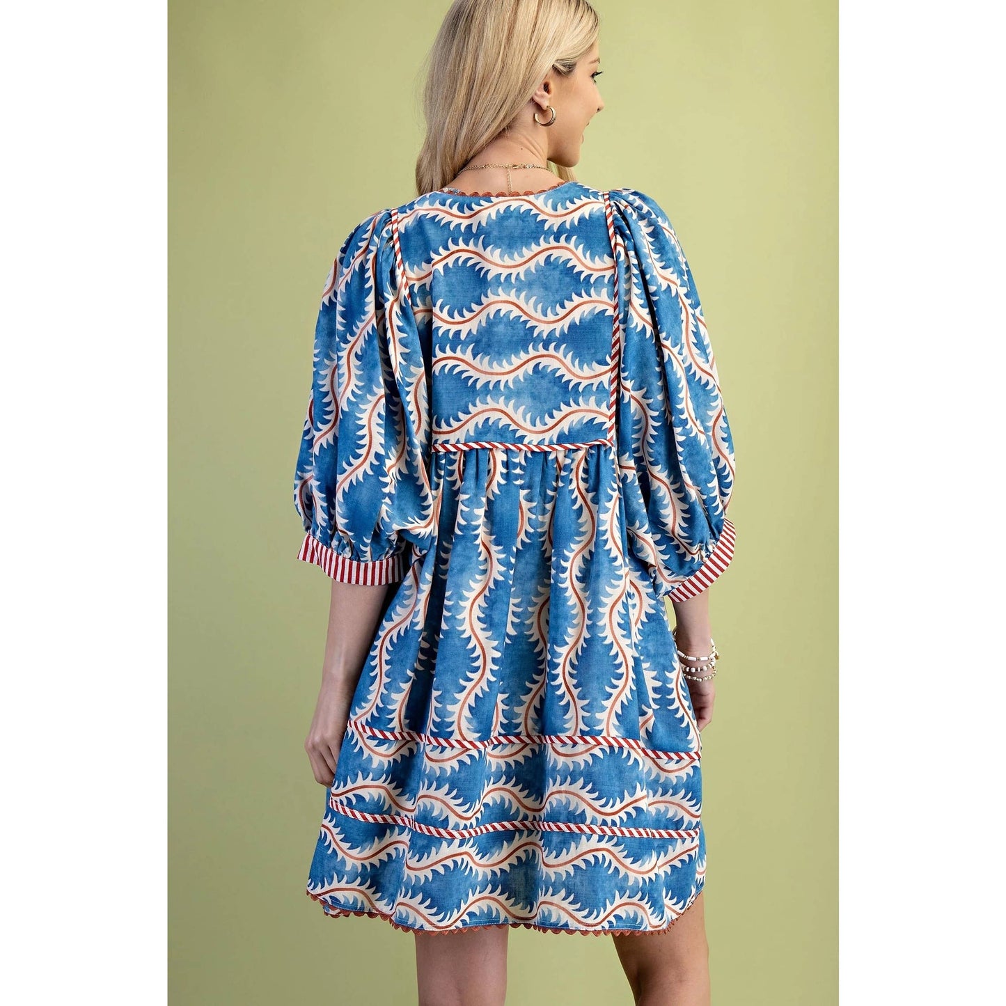 Printed V-Neck Mini Dress – Brown & Blue