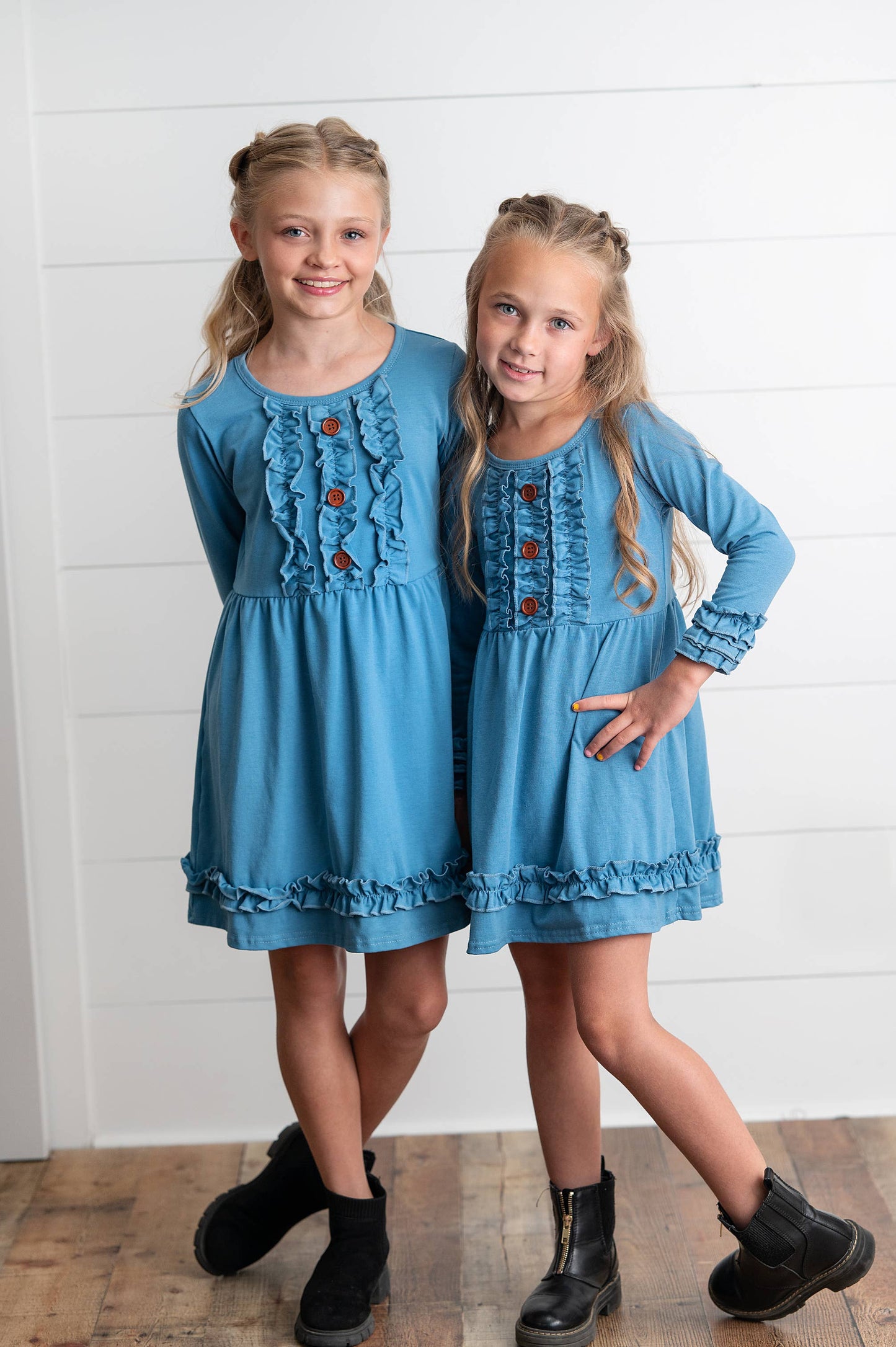 Girls Long Sleeve Solid Blue Ruffle Button Fall Winter Dress