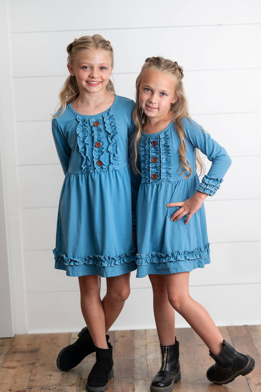 Girls Long Sleeve Solid Blue Ruffle Button Fall Winter Dress