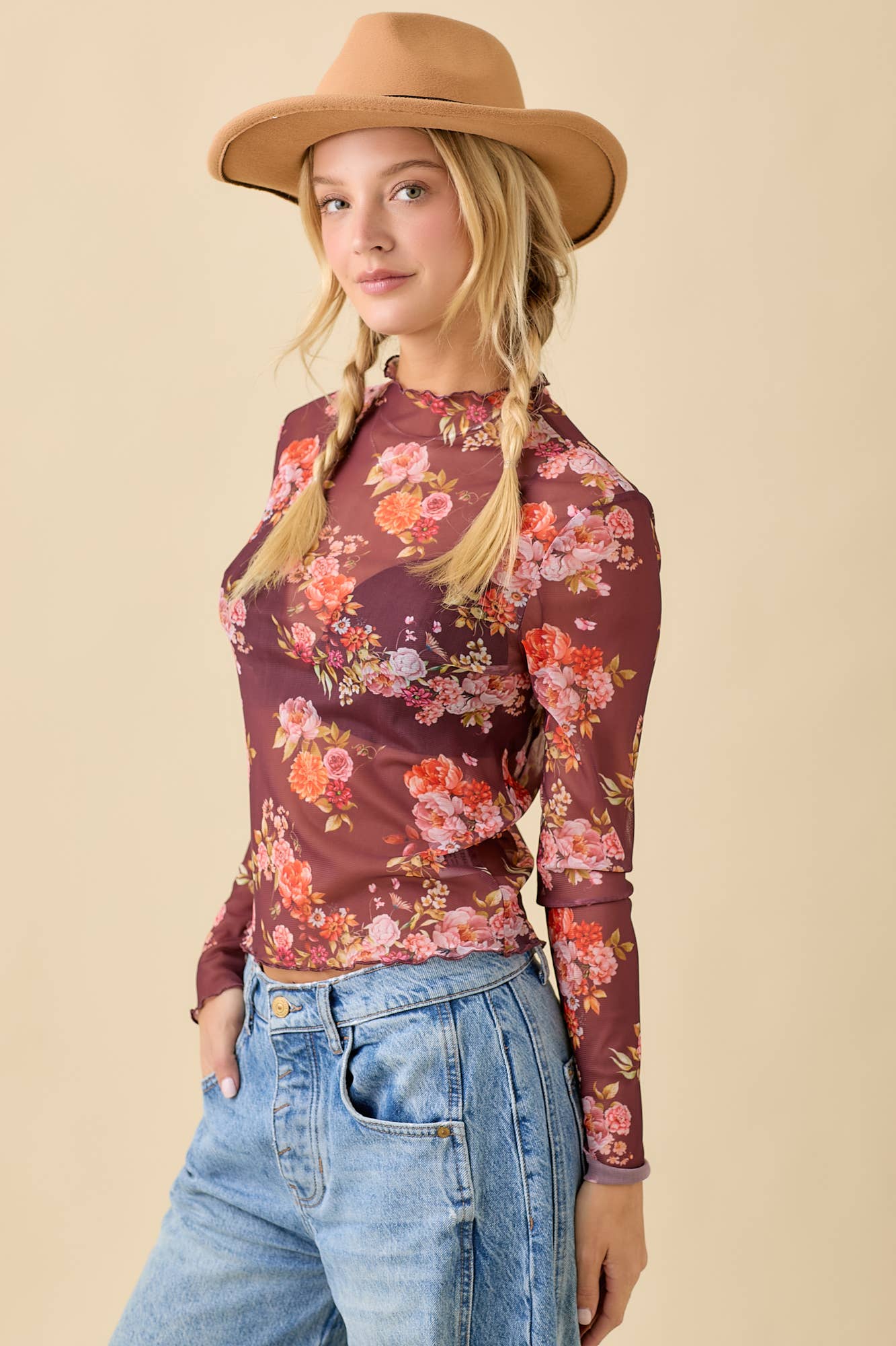Floral Printed Long Sleeve Mesh Top