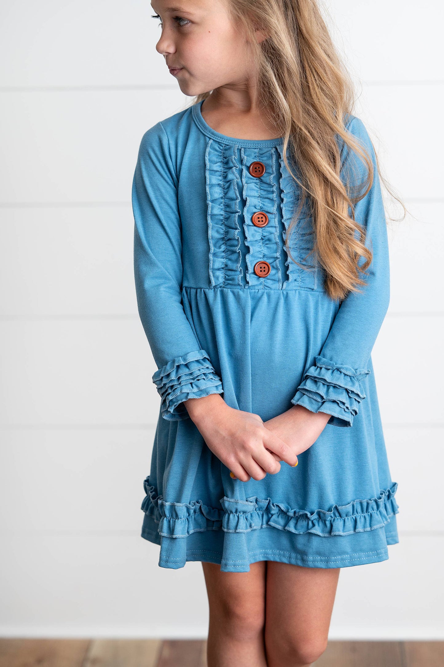 Girls Long Sleeve Solid Blue Ruffle Button Fall Winter Dress