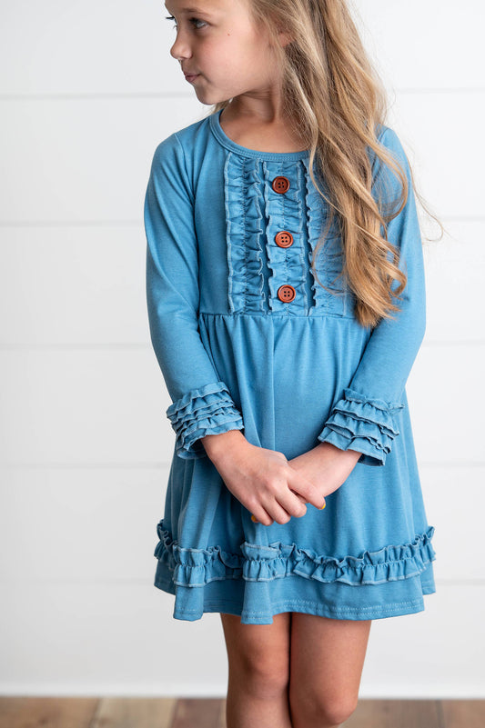 Girls Long Sleeve Solid Blue Ruffle Button Fall Winter Dress