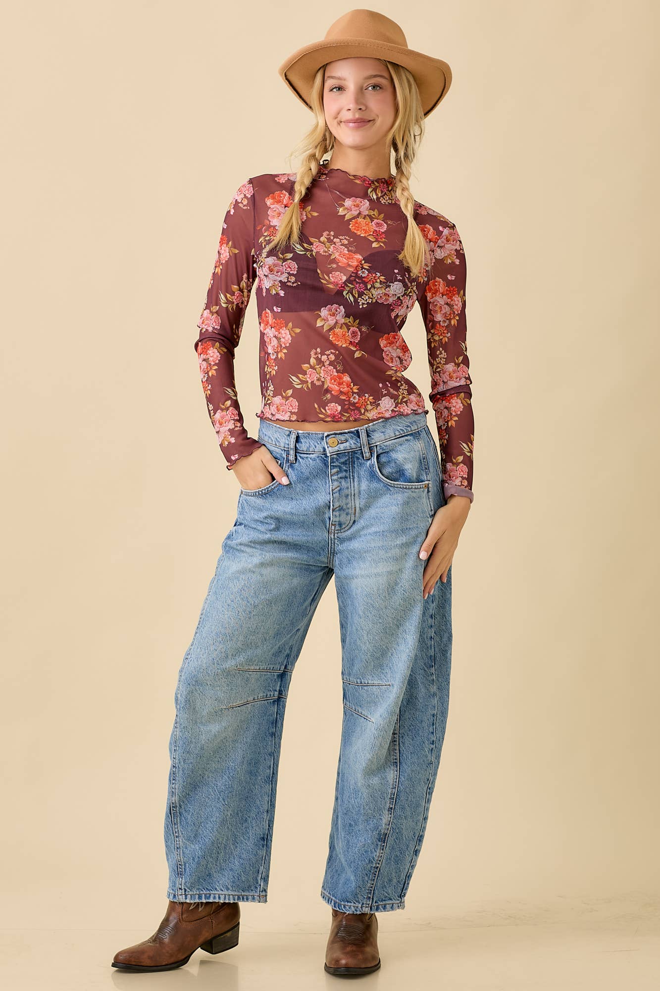 Floral Printed Long Sleeve Mesh Top