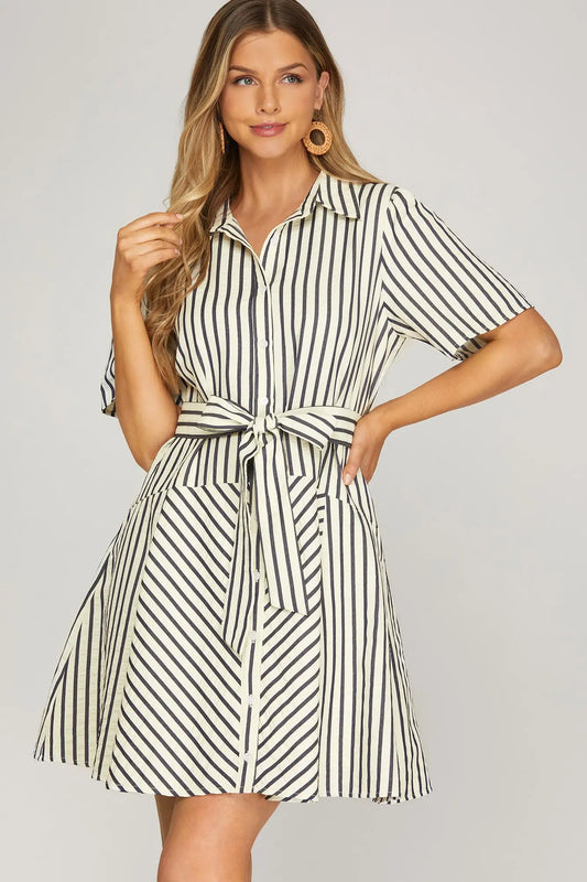 Navy Striped Belted Mini Dress