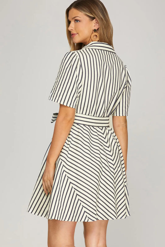 Navy Striped Belted Mini Dress